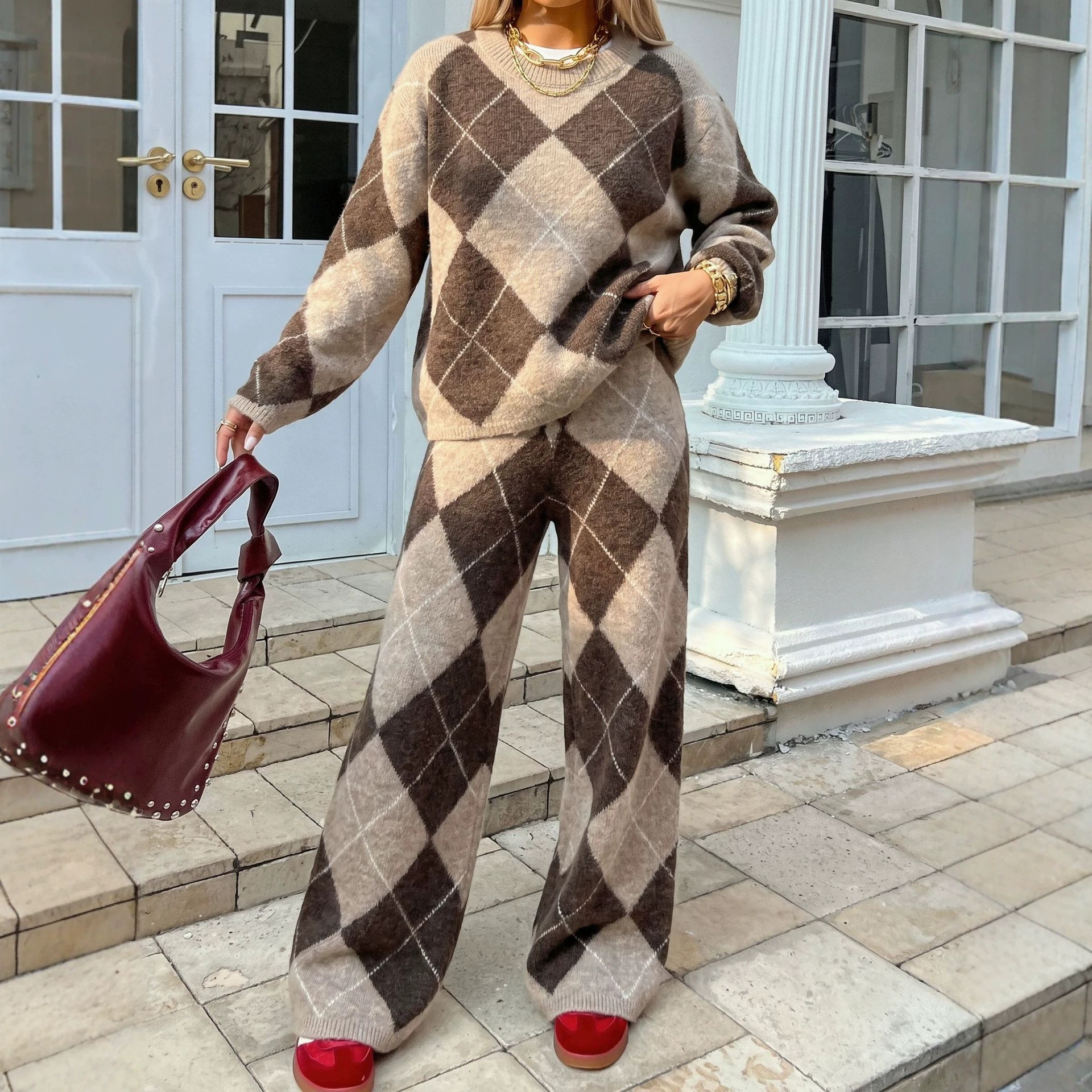 Women's Diamond-pattern Knit Two-piece Set
