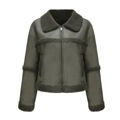 Suede Women's Fashionable Warm Fleece Leather Jacket - Army Green - View 1