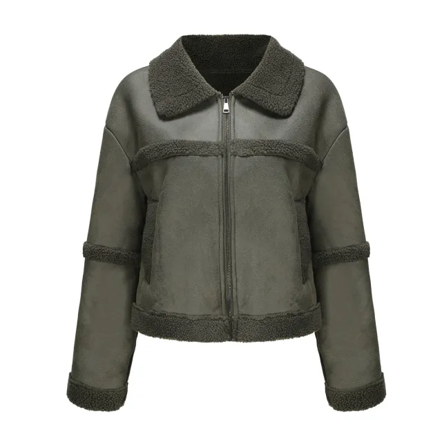 Suede Women's Fashionable Warm Fleece Leather Jacket Army Green - Shop at LoveMi