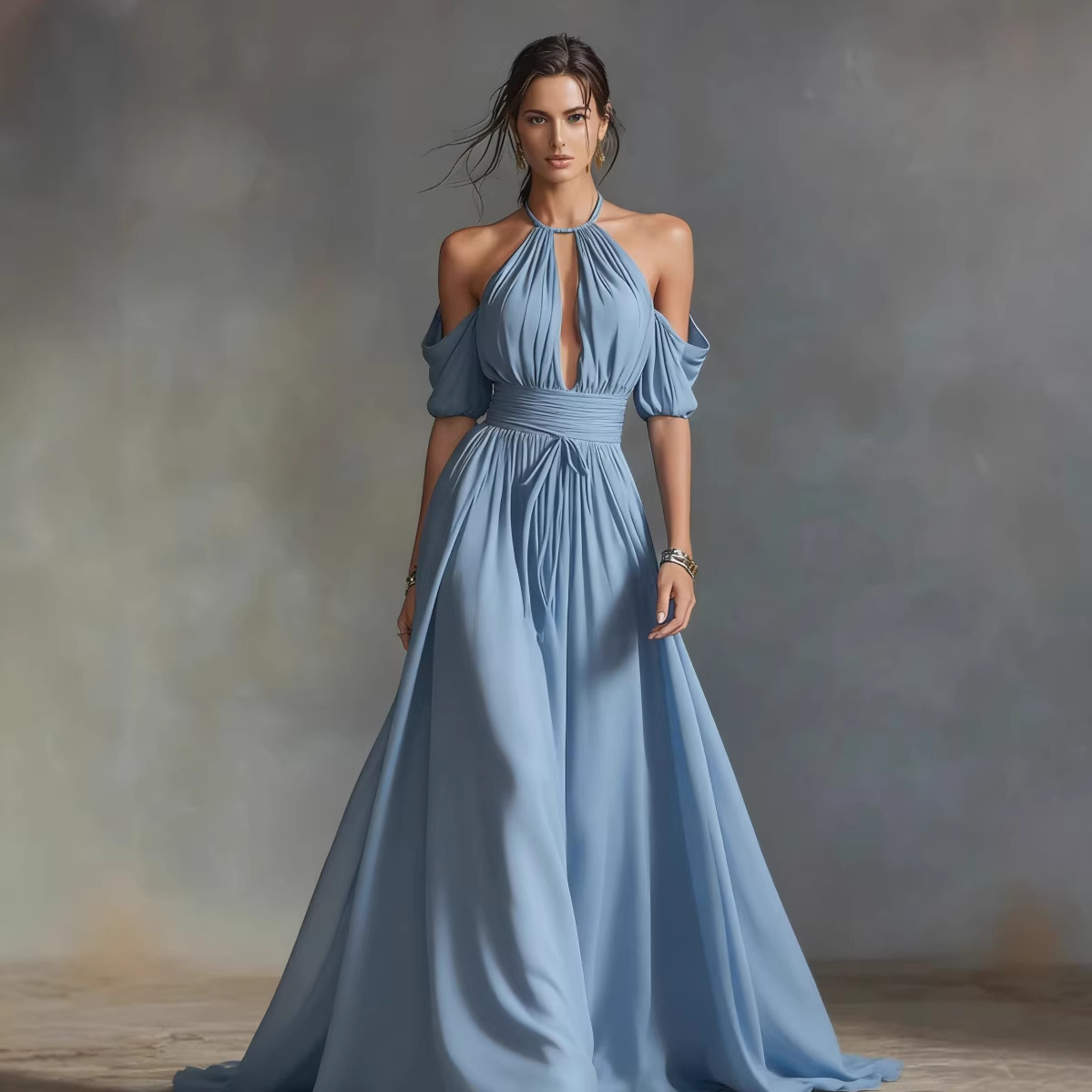 Solid-Color Halter Neck Midi Dress in Light Blue – fresh breezy summer look