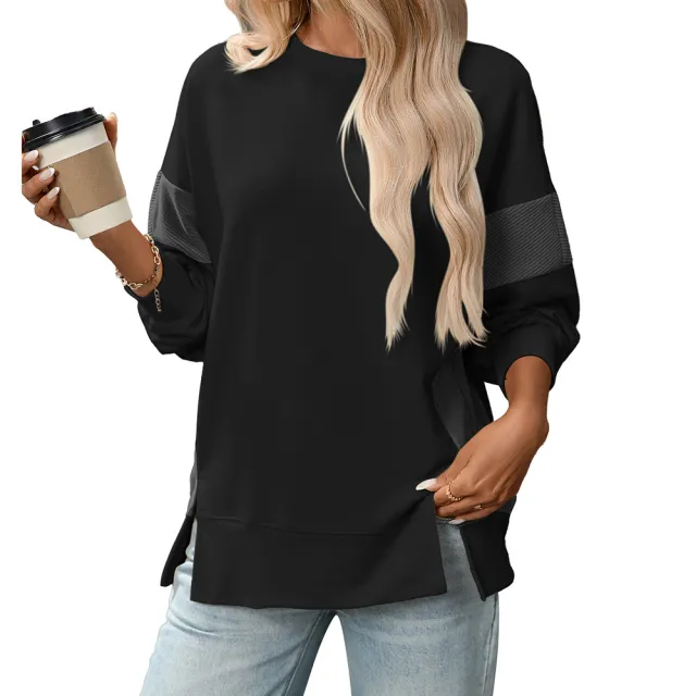 Round Neck Multicolor Round Neck All matching Casual Loose Sweatshirt Black - Shop at LoveMi