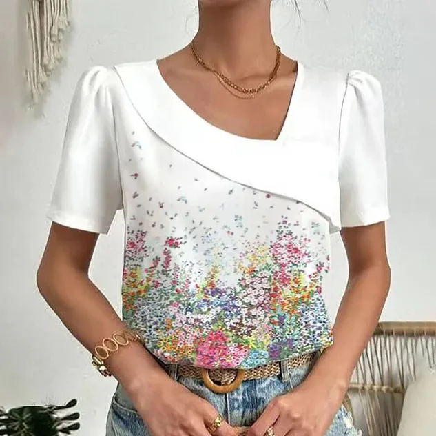 Casual Solid Color Plus Size Fashion Tops White Red Flower - Shop at LoveMi