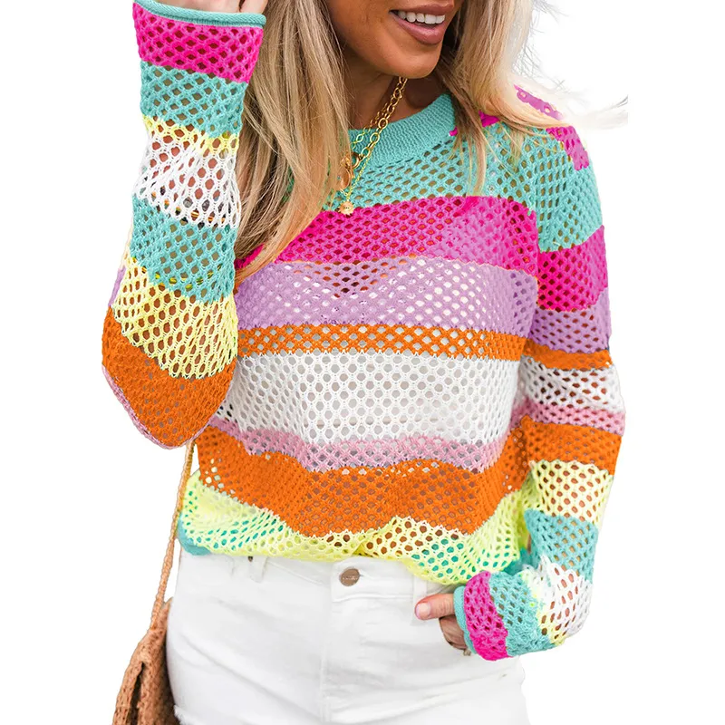 Women's Versatile Contrast Color Printed Round Neck Long Sleeve Sweater - Blue