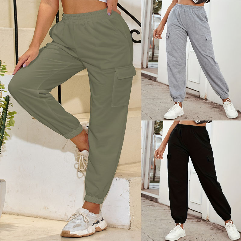 Solid-color High-waisted Pocket Casual Pants For Women