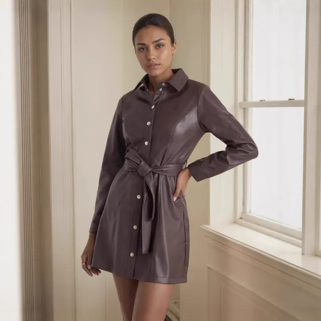 Belted Long sleeve Leather Trench Fashionable Women's Coat Dark Brown - Shop at LoveMi