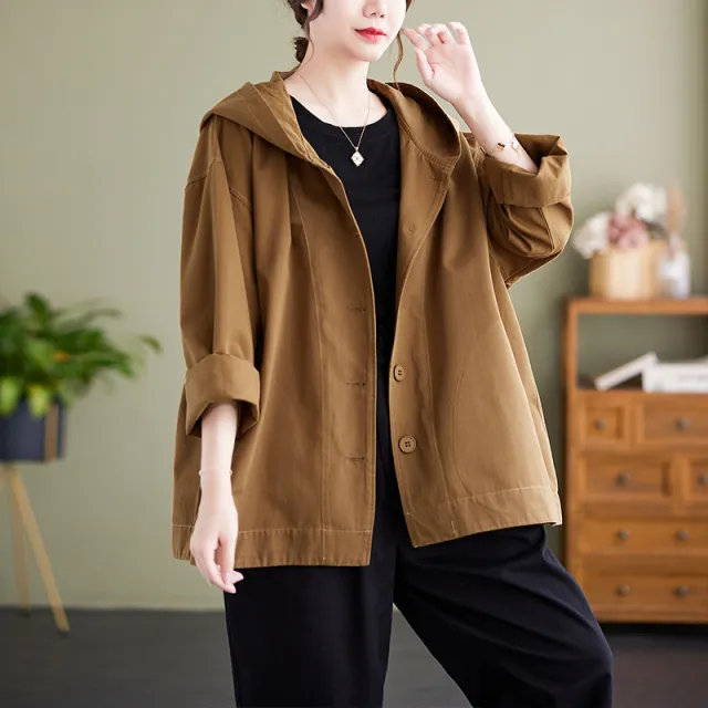 Hooded Loose Coat Women Retro Khaki Casual Cotton Artistic Stitching Women Khaki - Shop at LoveMi