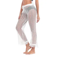Hollow-out New Tassel Knitted Cropped Crocheted Beach Pants - White - View 1