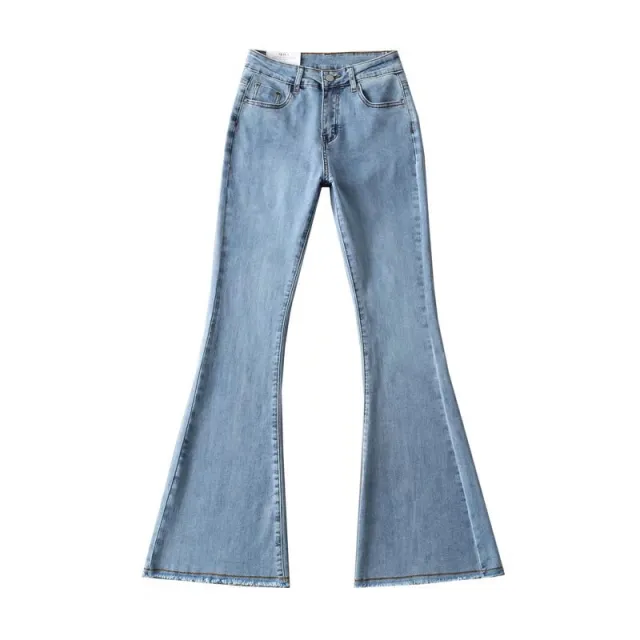 Autumn And Winter Fashion Small High Waist Raw Hem Jeans Retro Distressed Small Man Stretchy Wide leg Slim Flare Pants Regular Light Blue - Shop at LoveMi