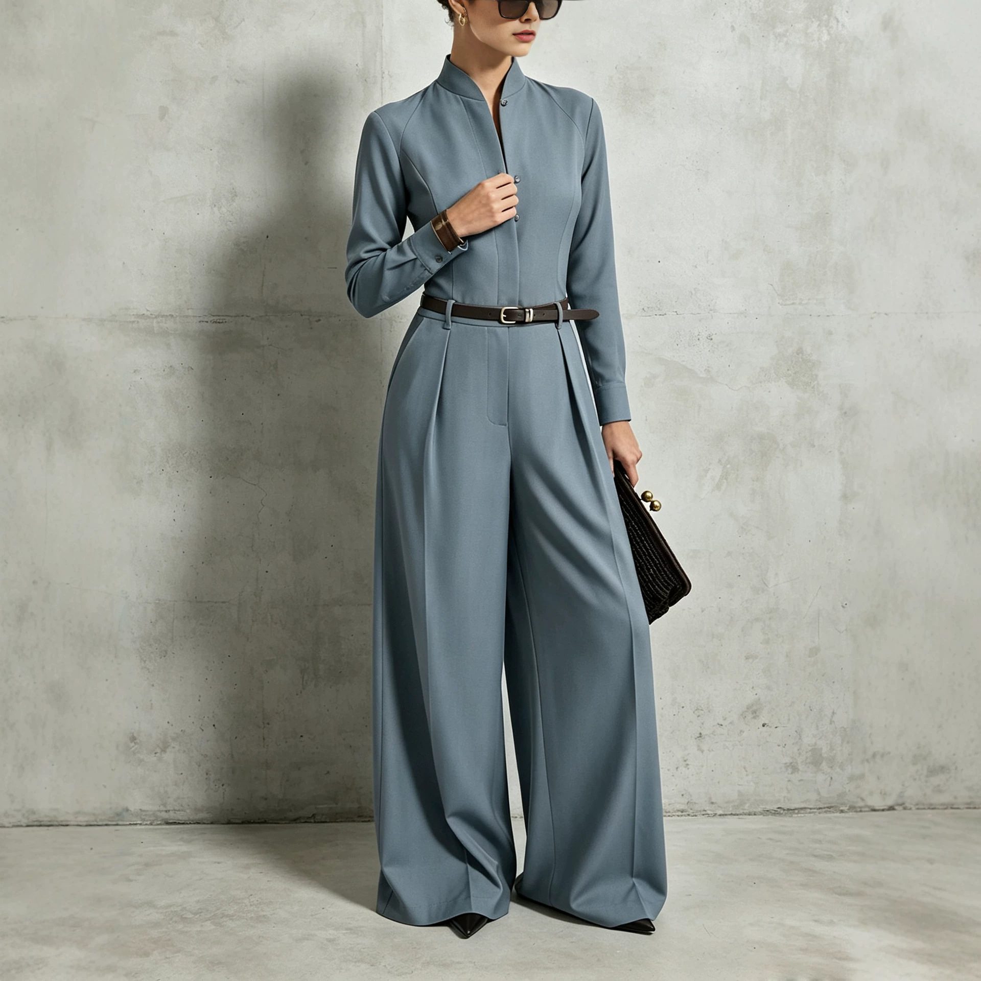 High-end Womens Jumpsuit With A Stand-up Collar And Long Sleeves