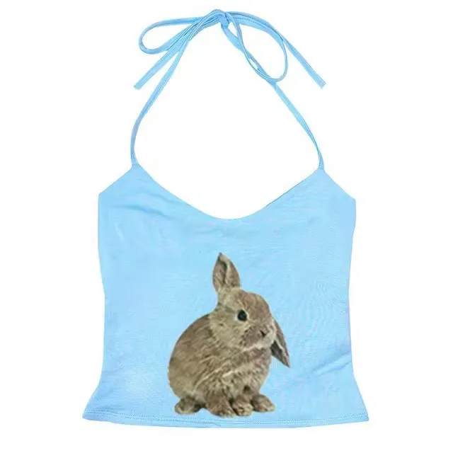 Cute Sweet Rabbit Printed Summer Sling Top Suit Blue - Shop at LoveMi