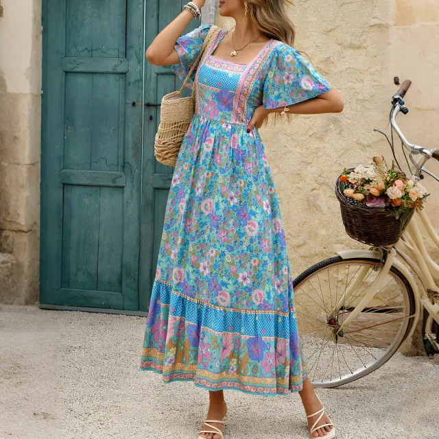 Holiday Floral Print A Line Dress Women's Clothing D2523071 Blue - Shop at LoveMi