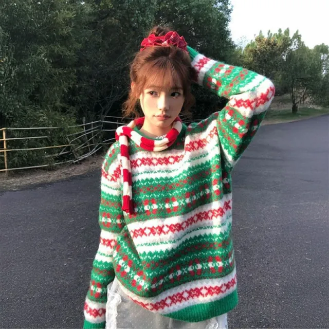 Vintage Fairisland Jacquard Christmas Sweater Green - Shop at LoveMi