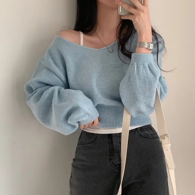 Fall V neck Long sleeve Knitwear Female Loose Cropped Sweater Light Blue - Shop at LoveMi