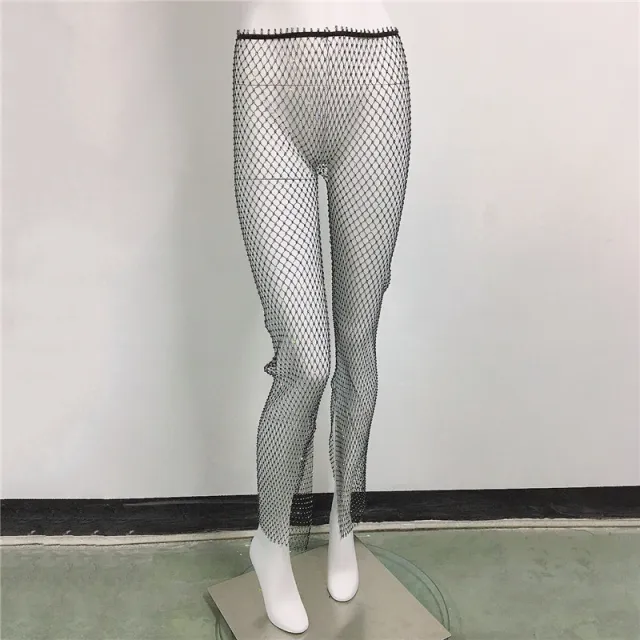 Sexy Fishnet Slit Pants Rhinestone Mesh Stretch Leggings Black - Shop at LoveMi