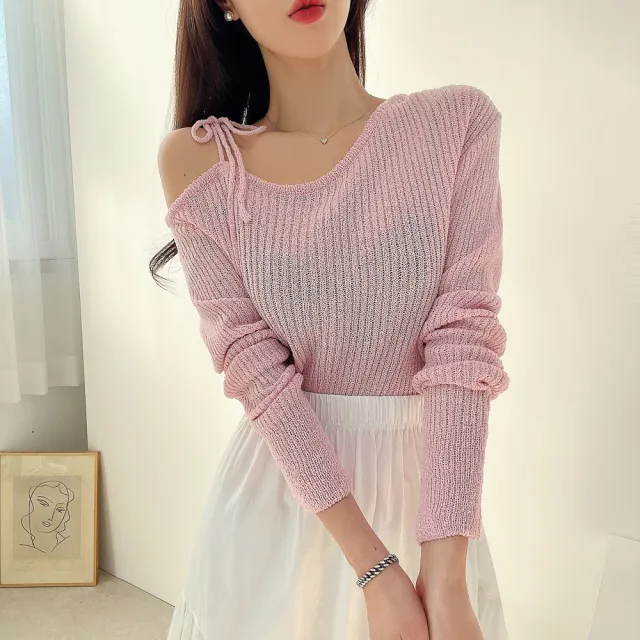 Lace up Design Sunken Stripe Long sleeved Sweater Women's Top Pink - Shop at LoveMi