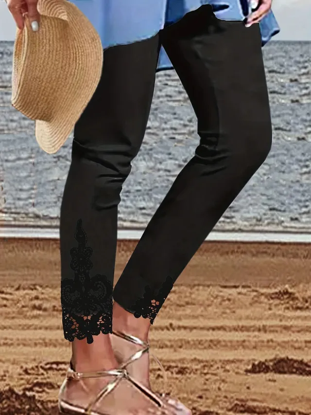 Tight Pants Lace Stitching Hollow out Cropped Trousers For Women Black - Shop at LoveMi