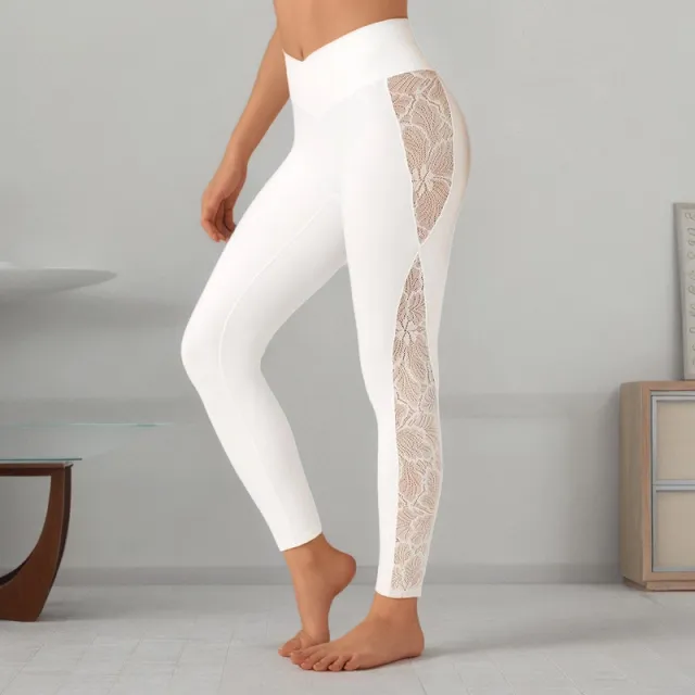 Slim Lace Stitching Yoga Leggings High Top Sports Fitness Pants White - Shop at LoveMi