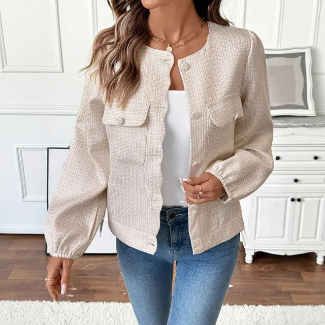 Round Neck French Style Long Sleeve Coat For Women Apricot - Shop at LoveMi