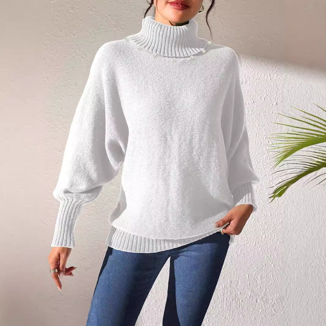 Women's Solid Color Simple Top Pearl Beaded Turtleneck Sweater Women's Base Shirt