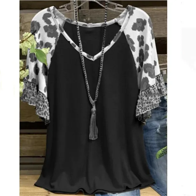 Waffle V neck Leopard Print Stitching Casual Half Sleeve T shirt Top Black - Shop at LoveMi