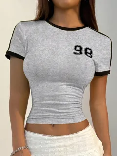 Womens Slim-Fit Short-Sleeve Digital-Print Top T-Shirt - Grey - View 1