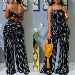 European And American Fashion Women's Dotted Print Wrap-around Halter Jumpsuit - Black - View 1
