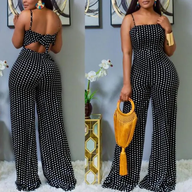 European And American Fashion Women's Dotted Print Wrap around Halter Jumpsuit Black - Shop at LoveMi