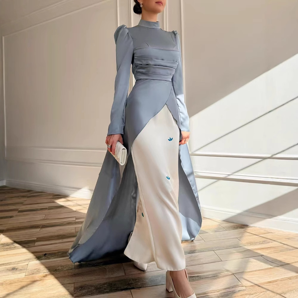 Pleated Stitching Contrast Color Long Sleeves Dress