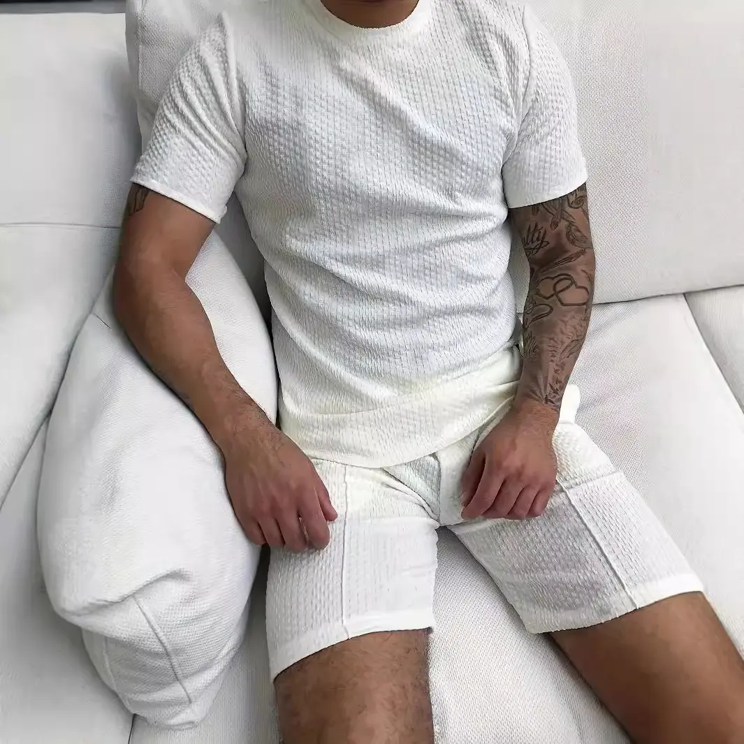 Mens Crew-neck Pullover Jacquard Short-sleeve Shorts