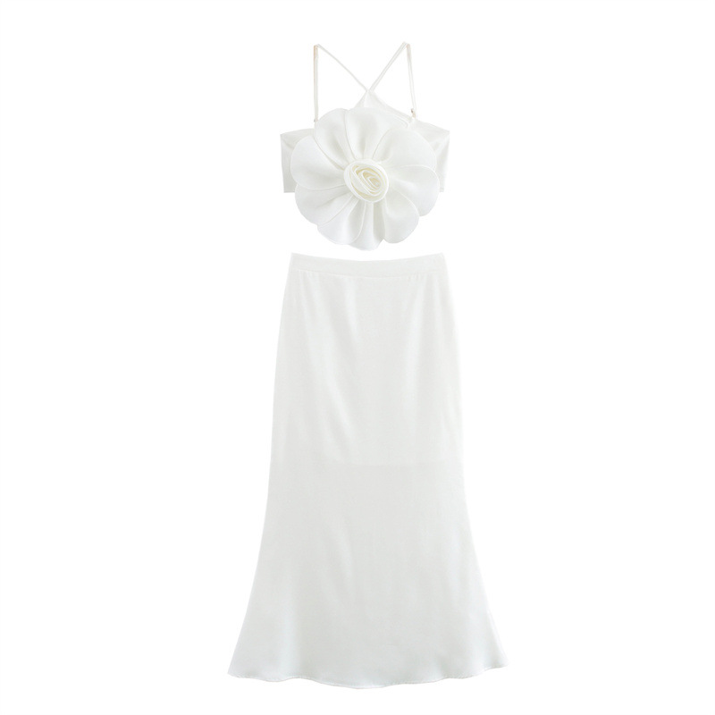 Three-dimensional Flower Decorative Top Fishtail Skirt Two-piece Set