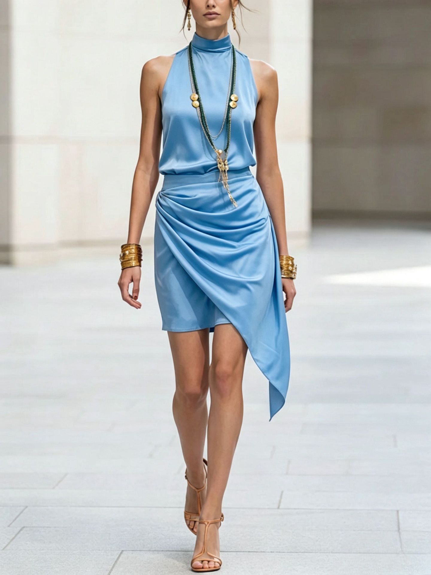 Women's asymmetrical hem mini skirt in orange, close-up of double-layer hem and asymmetrical detail