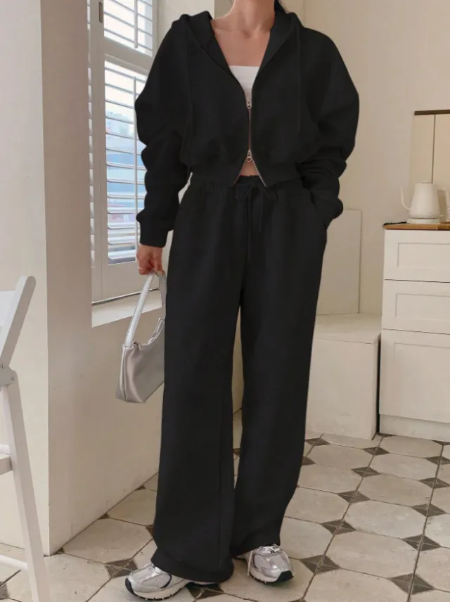 Hooded Solid Color Sweatsuit With Drawstring Black - Shop at LoveMi