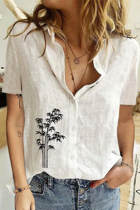 Women's Printed Linen Shirt Short Sleeve White 1345 - Shop at LoveMi