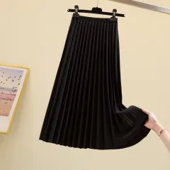 High Waist Pleated Mid-length Slimming A- Line Skirt - Black - View 1
