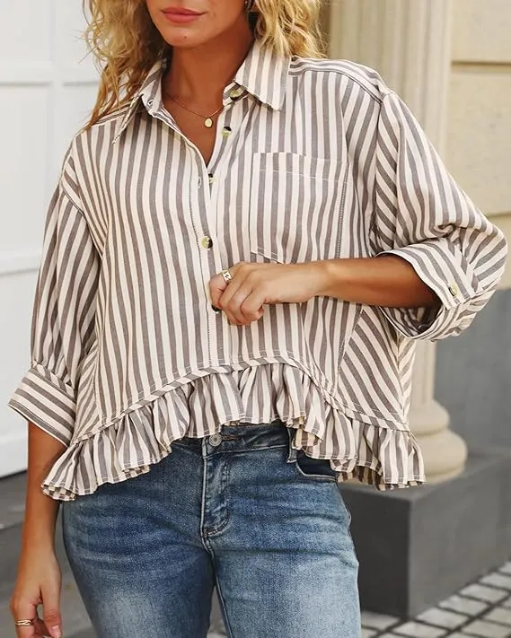 Women's Casual Loose Striped Shirt With Ruffled Hem And Short Sleeves Camel - Shop at LoveMi