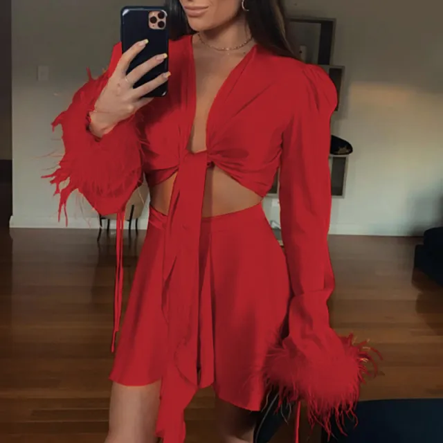 Graceful Satin Lace Up Short Midriff baring Long Sleeve Top Sexy Casual Red - Shop at LoveMi