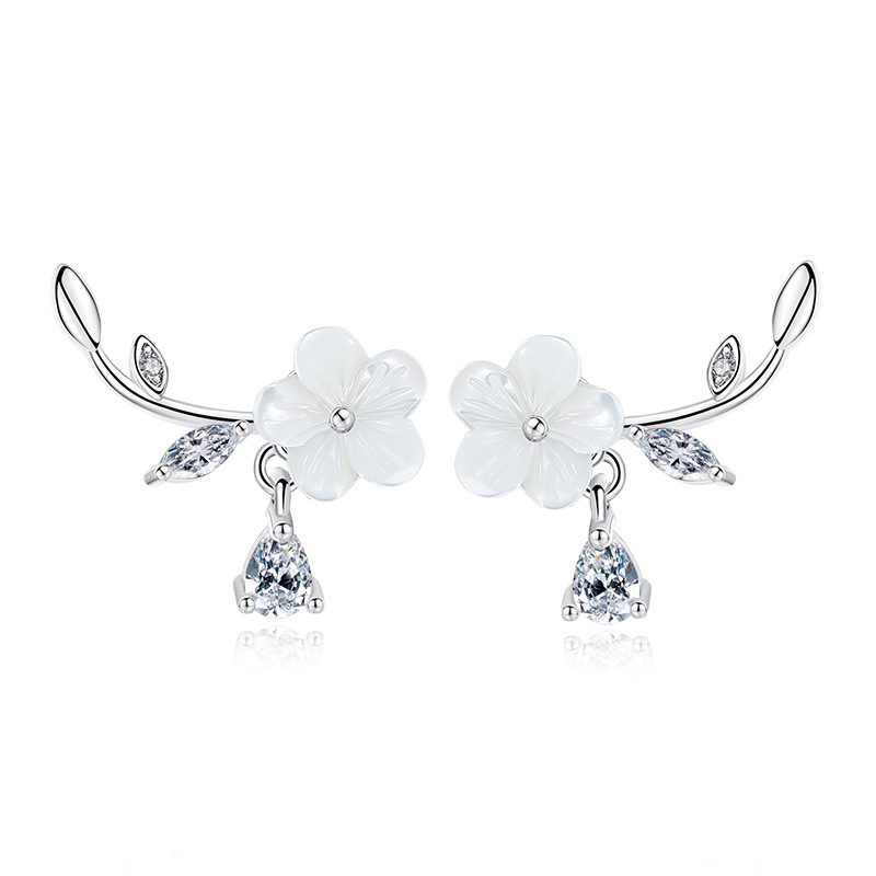 Natural Shell Hand Carved Flower Silver-plated Ear Studs