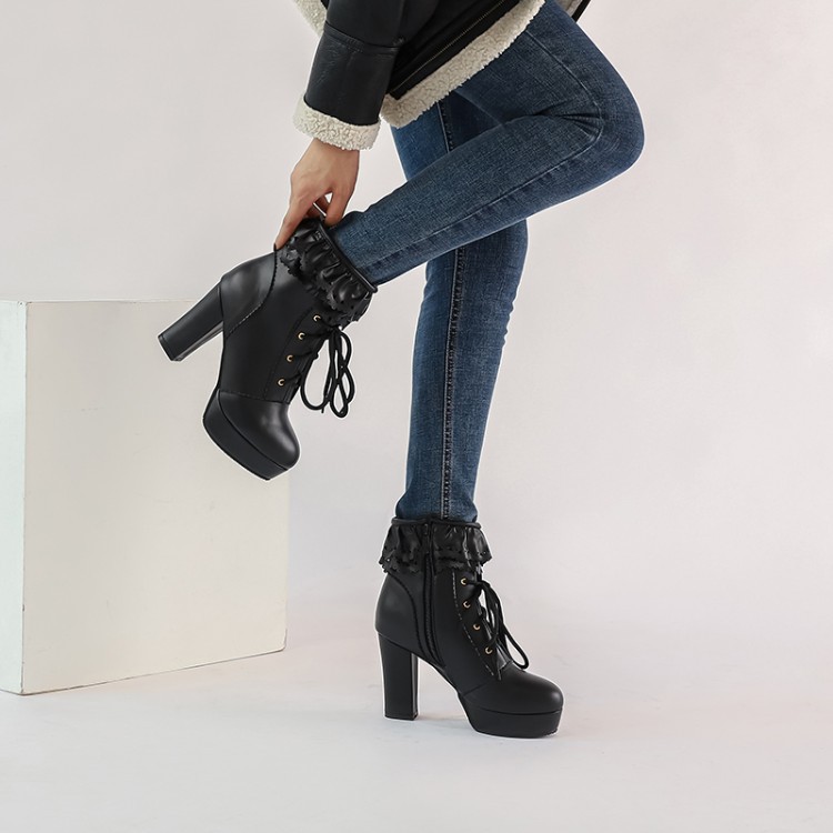 Title 30, Autumn and Winter Lace Up Womens Thick Heel Fa...