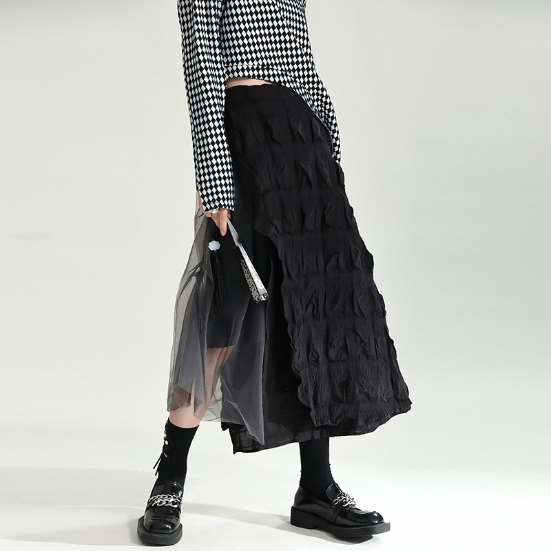 Gray Contrast Color Heavy Industry Stitching Mesh Pleats Skirt For Women