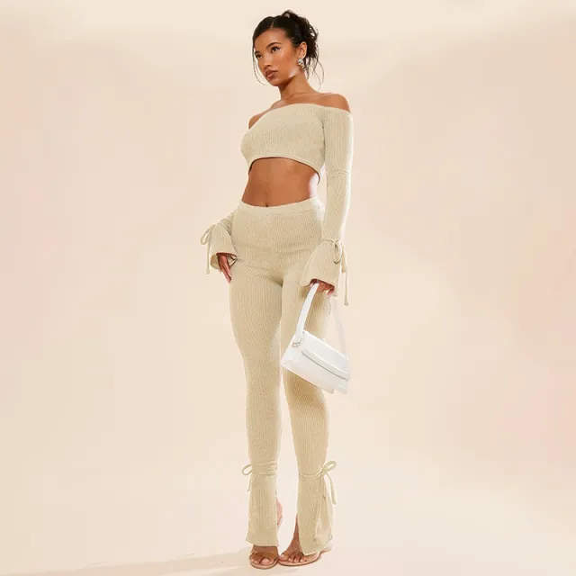 Women's Clothing Sexy Off the shoulder Midriff baring Long Sleeve Top High Waist Trousers Lace Up Suit Apricot - Shop at LoveMi