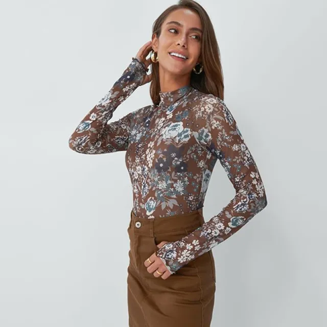 Floral Mesh Crew Neck Long Sleeve Mesh Top Brown - Shop at LoveMi