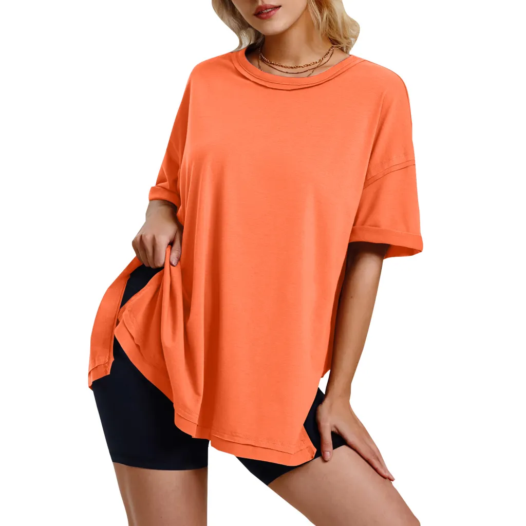 Women's Solid Color Cotton Round Neck Slits On Both Sides Loose T-shirt - Orange