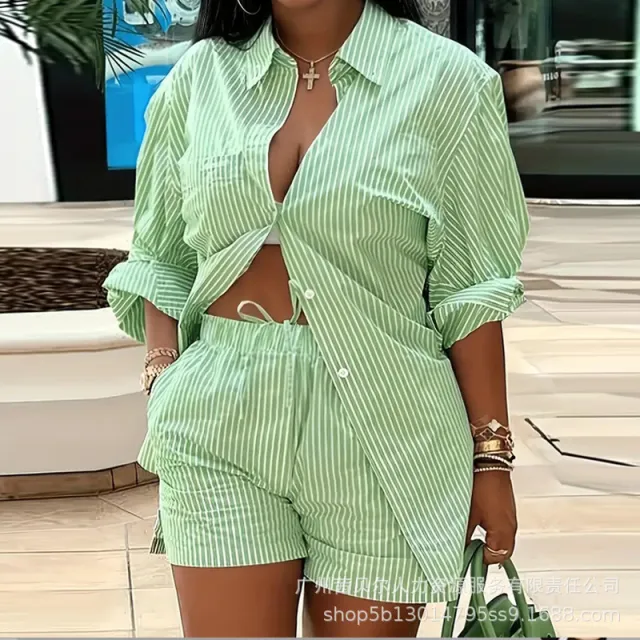 Striped Commute Leisure Top And Shorts Set Green - Shop at LoveMi