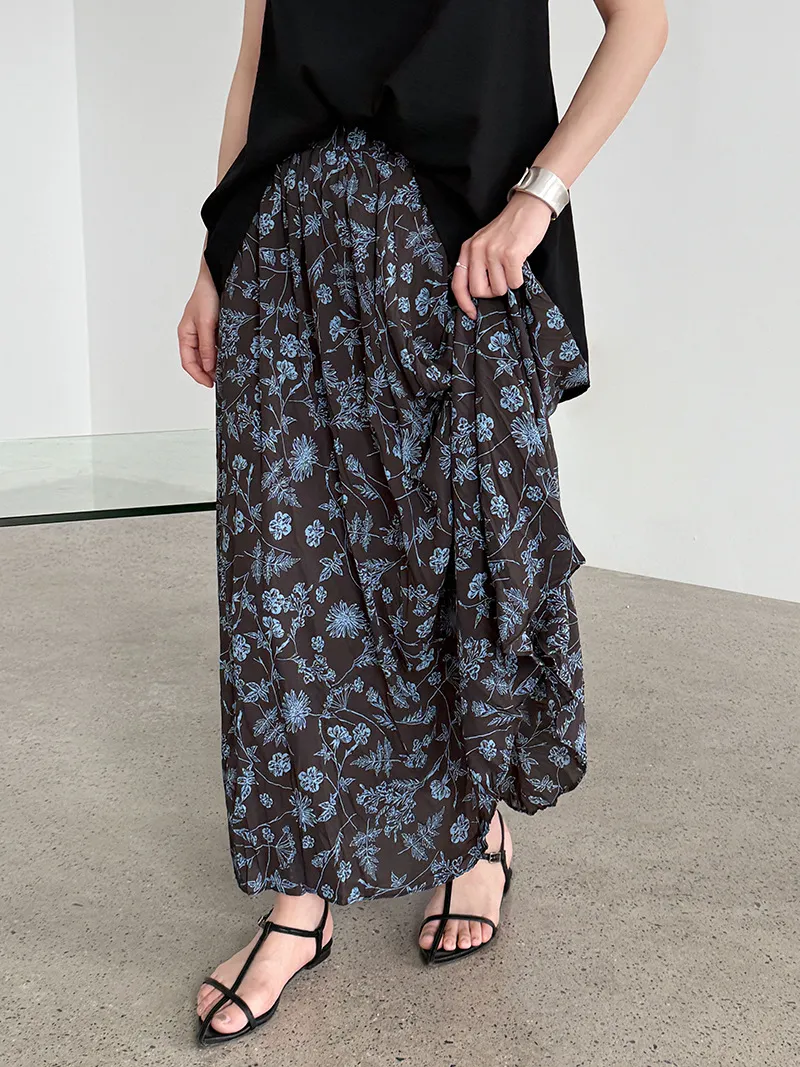 Vintage Floral Women's Summer Loose Pleated High Waist Drooping A- Line Umbrella Skirt - Blue