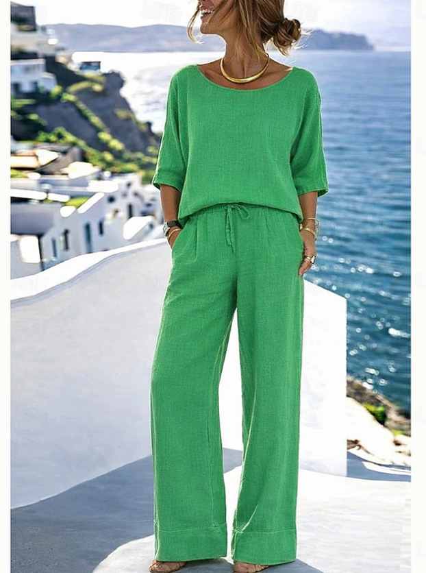 Women's boho resort set in khaki – cotton linen wide-leg pants and top