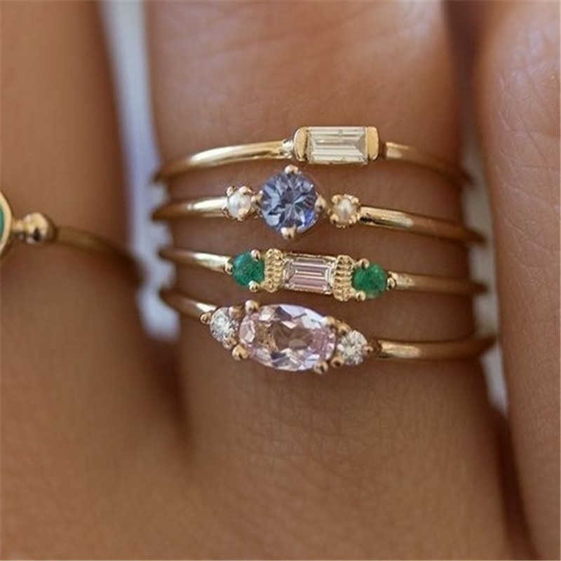18K Gold Plating 4-piece Ring Set Simple Inlaid