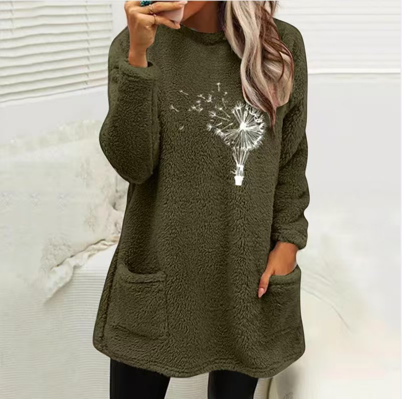 Women's Round Neck Loose Long Sleeves Pocket Plant Embossed Double-sided Velvet Sweatshirt