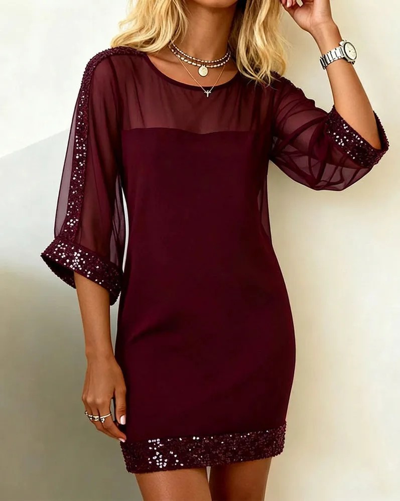 Womens Mesh Sequin Bodycon Dress Wine - Shop at LoveMi
