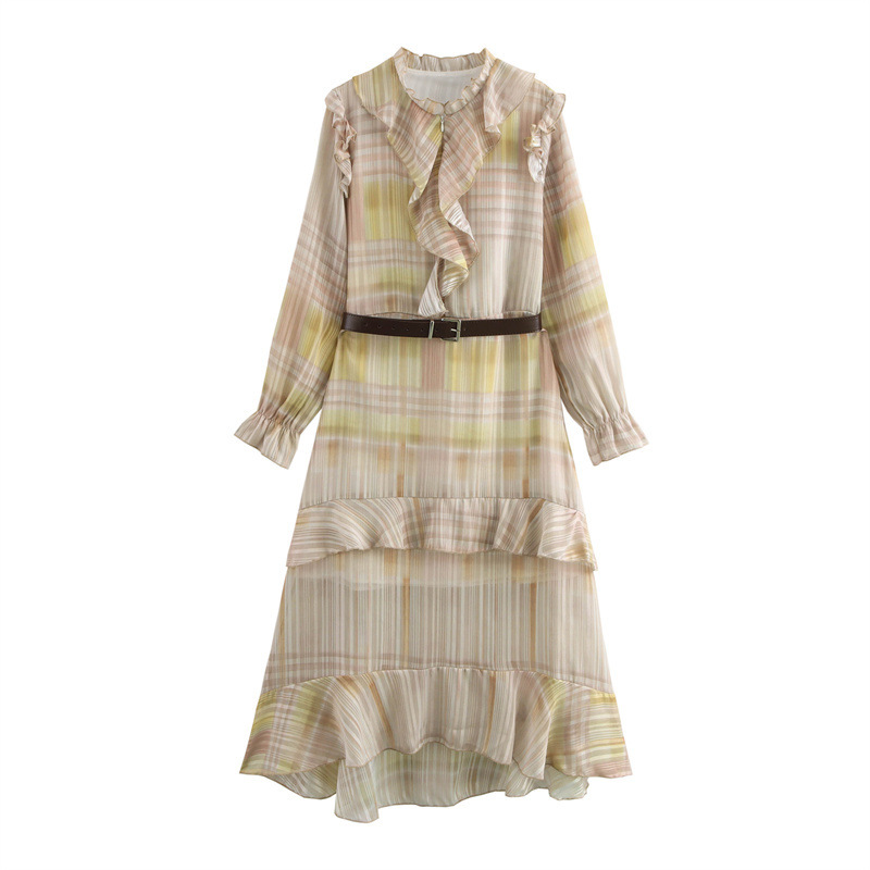 Women's Clothing With Belt Printed Checks Mid-length Dress