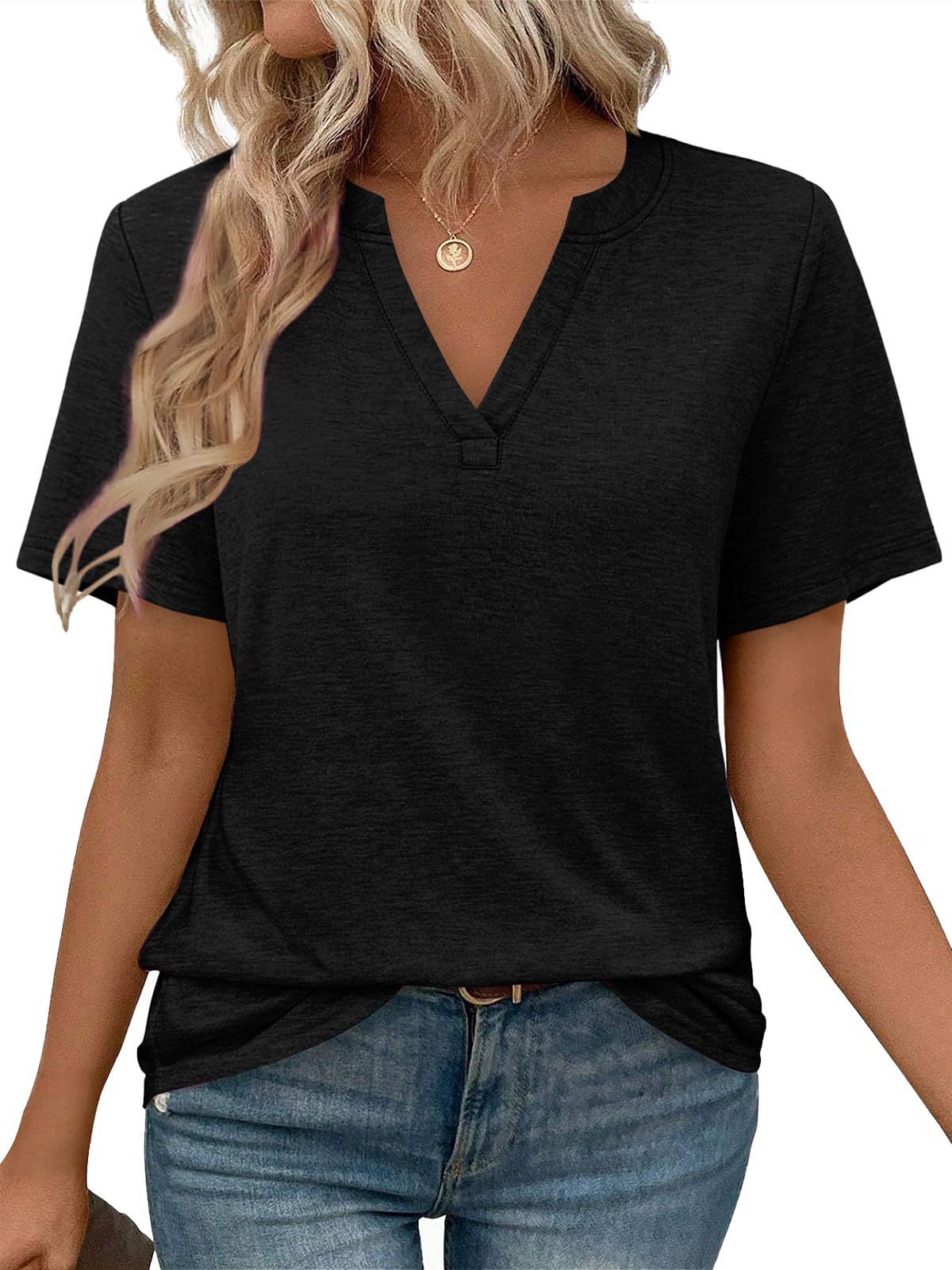 Womens T-shirt With V-neck Loose-fit Casual Solid-color Top